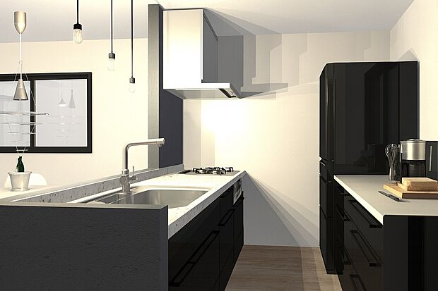 【イメージパース:キッチン】キッチンワークしながら大切な家族との会話を楽しむ。家族のコミュニケーションが生まれるキッチンです♪