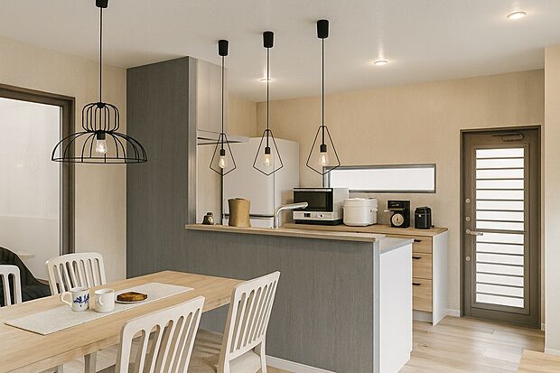 【【2号地:(パース図:キッチン)】】キッチンワークしながら大切な家族との会話を楽しむ。家族のコミュニケーションが生まれるキッチンです♪食器洗乾燥機付きで家族の食器もピカピカ。(※実際の色味や材質とは異なる場合がございます)