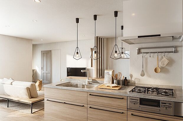 【【2号地:(パース図:キッチン)】】キッチンワークしながら大切な家族との会話を楽しむ。家族のコミュニケーションが生まれるキッチンです♪食器洗乾燥機付きで家族の食器もピカピカ。(※実際の色味や材質とは異なる場合がございます)