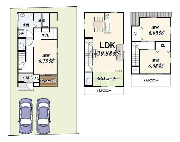 【1号地:新築参考3階建てプラン】建物価格2224万円、建物面積99.16m2※設計監理費用120万円(税込)別途要※外構費用120万円(税込)別途要