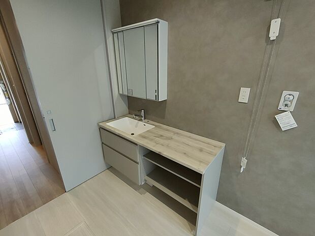 【パウダールーム】シャワー付洗面化粧台、三面鏡