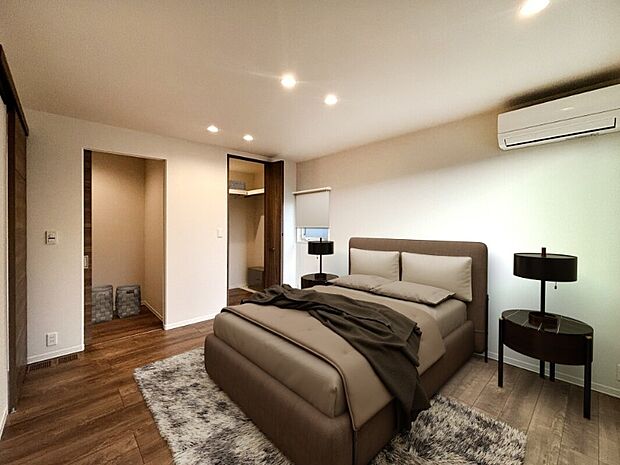 【主寝室】納戸とWICがある主寝室。
※画像は実際の写真に家具・調度品をCG合成したものです。(2025年4月撮影)