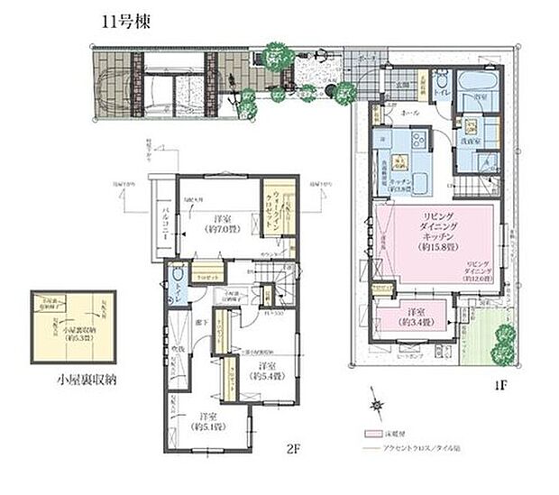 【4LDK】＋WIC＋小屋裏収納
※1階LD・上部吹抜 ※玄関収納 ※W1200洗面