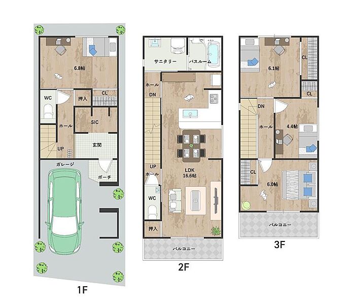 【4号地・間取り図】
全居室収納付き！大容量のSICを設け、玄関周りをすっきりと保てるよう設計。2階には水回りをバルコニーを集約し、家事動線にも配慮しました。