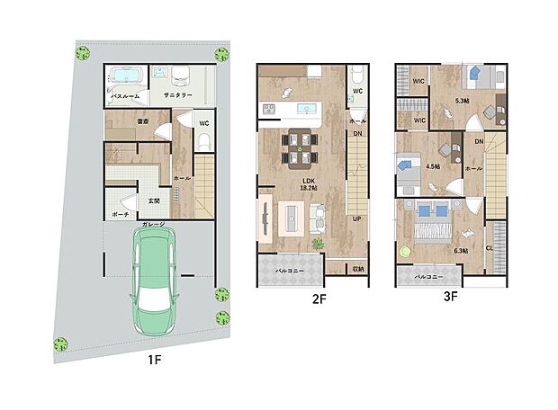 【1号地・間取り図】
2階に配置した約18.2帖のLDKは、リビングとダイニングを緩やかにゾーニングしており、空間の使い分けや家具の配置がスムーズです。玄関収納やWICなど、豊富な収納スペース有。