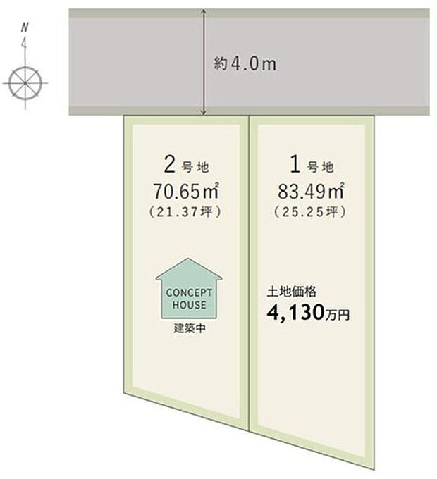 【全体区画図】
「蒲生四丁目」駅まで徒歩7分の立地に限定2区画の分譲地が誕生！自由設計対応でご家族の理想の住まいを実現できます。前面道路は北側約4.0m公道です。