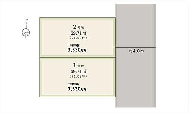 【全体区画図】
大阪メトロ今里筋線「新森古市」駅まで徒歩13分。自由設計対応分譲地、全2区画が誕生!東側前面道路は幅員約4.0m。細部までこだわりぬいた理想の住まいをご検討いただけます。