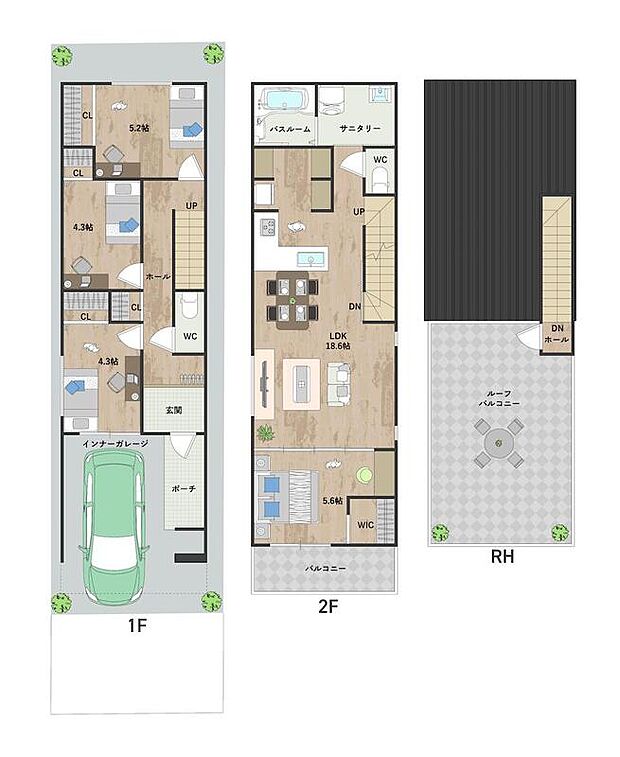 【2号地・参考プラン図】2階LDKには約5.6帖の洋室が隣接。シーンにあわせて一体利用が可能です。広々ルーフバルコニーはご家族の憩いの空間としても◎《建物面積96.99m2、建物価格1742万円》