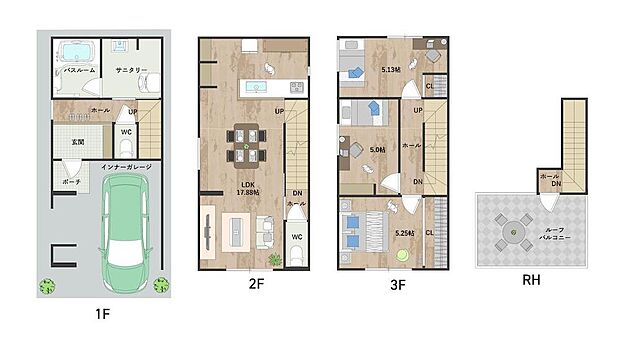 【3LDK】17帖超のLDKには仕切り壁を設け、ダイニングとリビングをゾーニングしやすい空間に。3階洋室3部屋は振り分けタイプで、多用途に活用できます。暮らしの楽しみが広がるルーフバルコニー付き◎