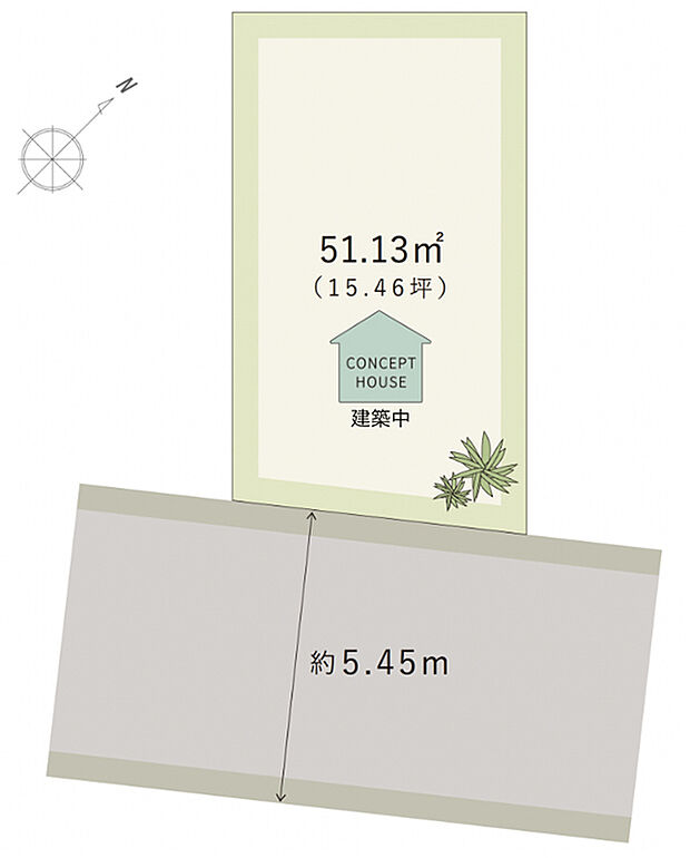 【-】南東側前面道路は幅員約5.4m。敷地を有効活用した3階建て、カースペース1台分付き(車種による)コンセプトハウスを建築中です。