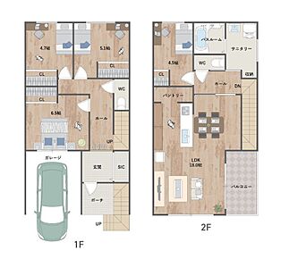 バルコニーサイドの明るいLDKが魅力！2階に水廻りを集約した生活動線の良い設計。キッチンパントリーや玄関SICなど収納力も◎《建物面積103.68m2、建物価格1771万円》 