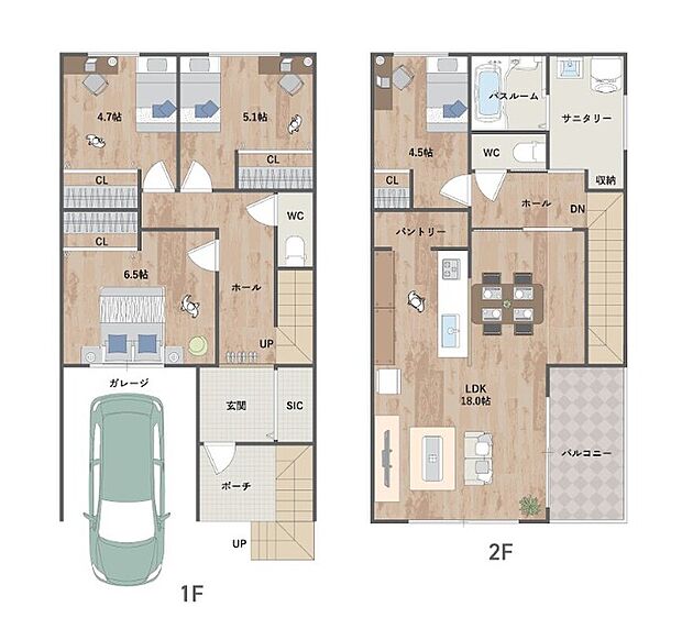 バルコニーサイドの明るいLDKが魅力！2階に水廻りを集約した生活動線の良い設計。キッチンパントリーや玄関SICなど収納力も◎《建物面積103.68m2、建物価格1771万円》