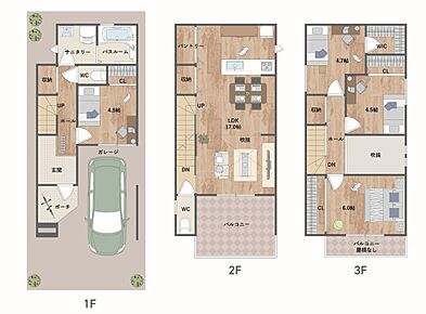ワイドバルコニーに面したLDKには開放的な吹抜を採用。WICをはじめ、キッチンパントリー、3ヶ所の廊下収納など、高い収納力が魅力の4LDKです。《建物面積107m2、建物価格1828万円》 