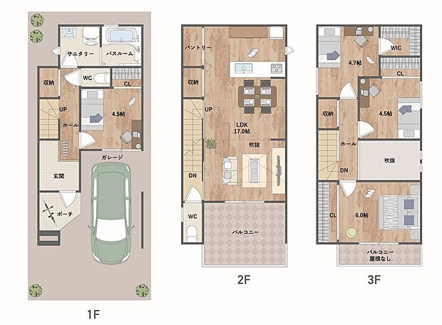 ワイドバルコニーに面したLDKには開放的な吹抜を採用。WICをはじめ、キッチンパントリー、3ヶ所の廊下収納など、高い収納力が魅力の4LDKです。《建物面積107m2、建物価格1828万円》