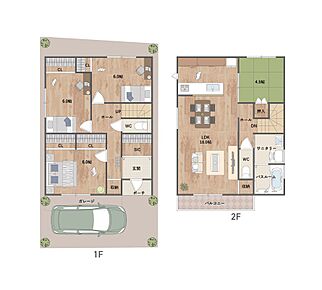 2階LDKプラン。LDK横に、多用途に活用できる和室を備えています。2階に水回りを集約し、家事動線良好。陽当りの良い南向きバルコニー付きです。《建物面積100.44m2、建物価格1804万円》 