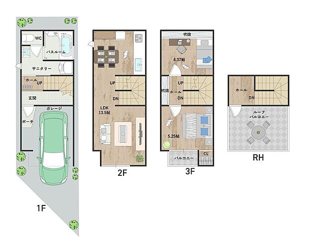 敷地を無駄なく活かした2LDKのプランです。LDK約13.5帖は自然に挨拶が交わせるリビング階段仕様。洋室は振り分けタイプのため、個々の時間をゆったりと満喫できます。《建物価格1552万円》