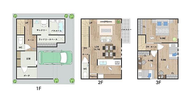 【3LDK+2S】2階にLDK、3階に洋室をまとめた家族間のプライバシーを守りやすい間取り。ランドリースペースは、洗濯に関する作業を1ヵ所で効率よく進めることが可能。駐車スペース1台分有(車種による)。