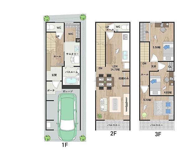【3LDK+S(WIC)】採光やプライバシーに配慮した2階リビング仕様。3階の各洋室へ出入りする際、必ずLDKを通る設計のため、ご家族のコミュニケーションが自然と増えます。サニタリー横に大容量のWICを設けました。