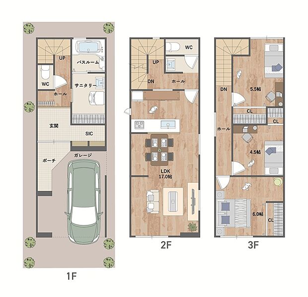 3面採光で窓が多く、自然光を取り込みやすい2階LDKは、ご家族が自然と集まる明るい空間。多用途に活用可能な洋室3部屋プランです。《建物面積94.77m2、建物価格1702万円》