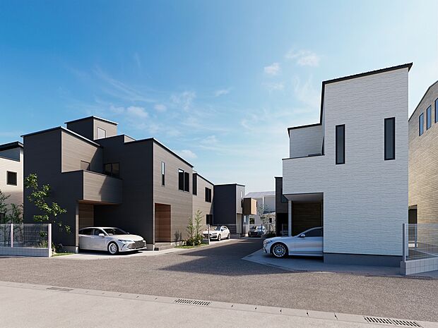 【【完成予想図】】通り抜けできない街区設計で、居住者以外が進入しにくい分譲地。防犯面にも配慮しています。実際の陽当りの様子や周辺の建物の様子など、ぜひ現地にてご確認ください。