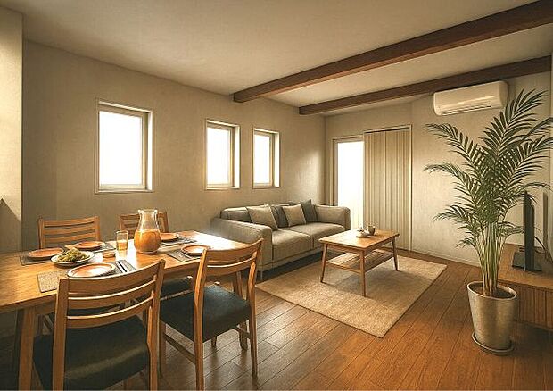 【完成予想図(LD)】「くつろぎ」を重視したデザイン。素材の質感とトーンの統一が調和した、心地よく過ごせる素敵なリビング・ダイニングです