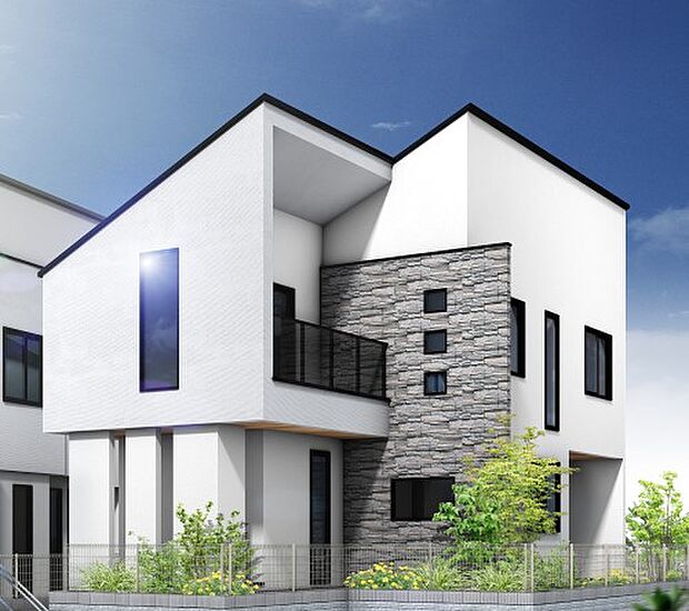 【プラン例　建物価格2100万円　建物面積100m2】Fredge（フレッジ）アクセントの石の印影が映し出す、豊かな個性。拘りぬいたデザインがファサードに重厚感漂う風格をもたらします。