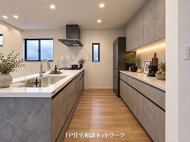 本画像の家電、カップボードなどはCGイメージで販売価格にも含まれません。吊り下げ棚設置工事は有償です。
