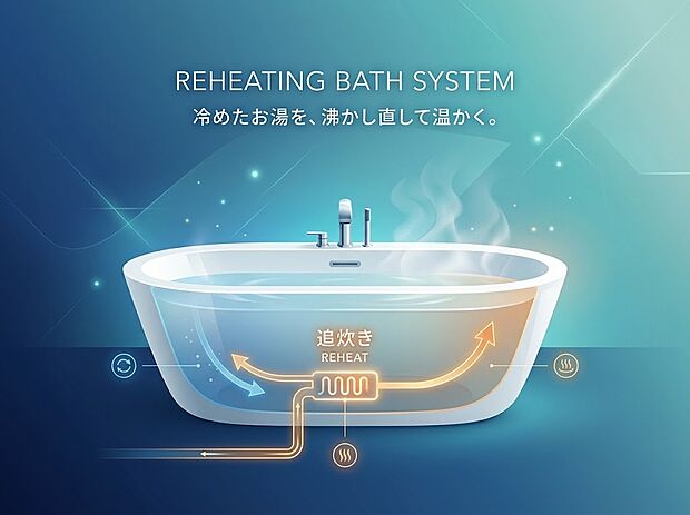 【追炊きバス】浴槽内の湯が冷めたときに、沸かし直すことができ、いつでも温かいお湯に浸かることが出来ます。