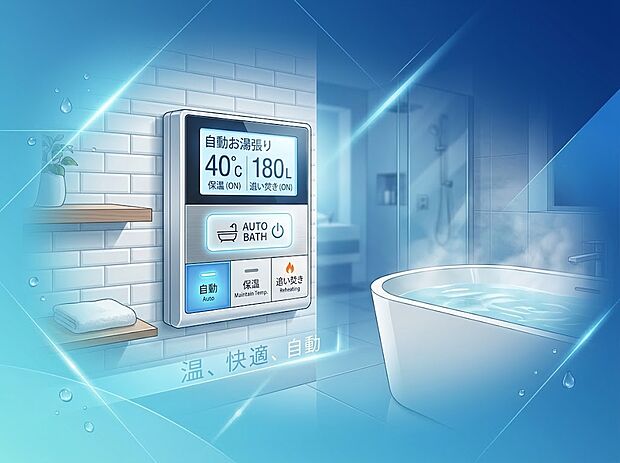【非公開】オートバス スイッチひとつで設定した温度・水量のお湯張りを自動で行う機能です。保温や追い焚きもでき、いつでも温かいお風呂を楽しめます。