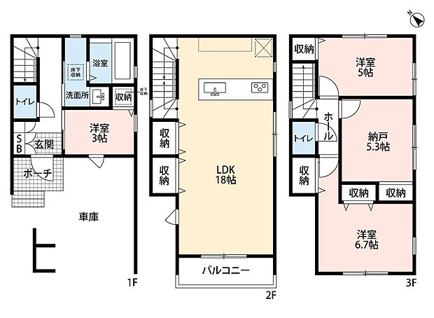1号棟。価格6498万円、3LDK+S、土地面積62.77m2、建物面積109.72m2