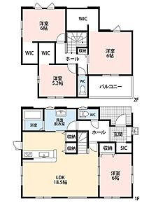 収納力に優れた間取り。2階洋室は全室WIC付き。全居室2面採光の風の通る心地よい家。 
