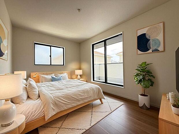 【寝室】家具はイメージです。主寝室としてお使いいただけそうなこちらのお部屋は、日当たりが良く、爽やかな風を感じて起きる朝は、快適生活の始まりに^^