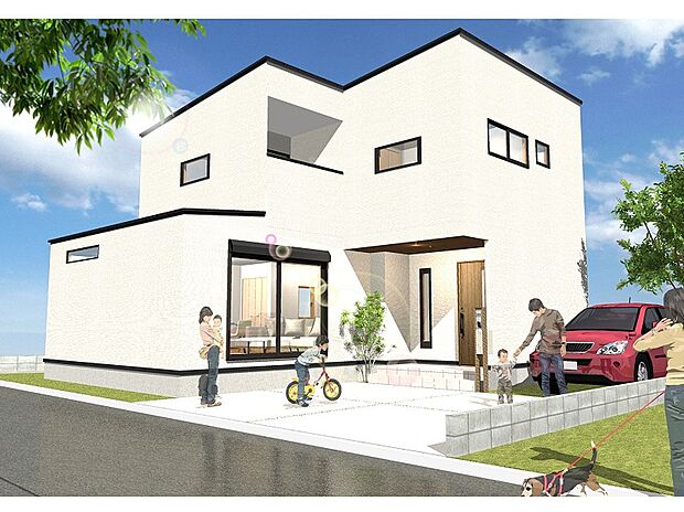 【参考イメージパース】白い外壁にブラックサッシをアクセントにしたプランです。