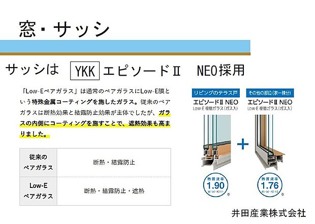 【窓・サッシ】井田産業株式会社モデルハウスの窓・サッシはLow-Eペアガラス採用。ZEH水準の省エネ性能住宅です。メーカーは変更する場合がございます。