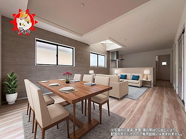 18.7帖のリビングルーム　折上天井、上部吹抜を採用した開放感のある内装です