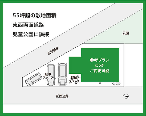 土地価格2380万円、土地面積182.57m2 ※間取り・外観デザイン・設備変更可能(お客様のご希望・ご要望に合ったプランをご提案致しますので、まずはお気軽にご相談ください)