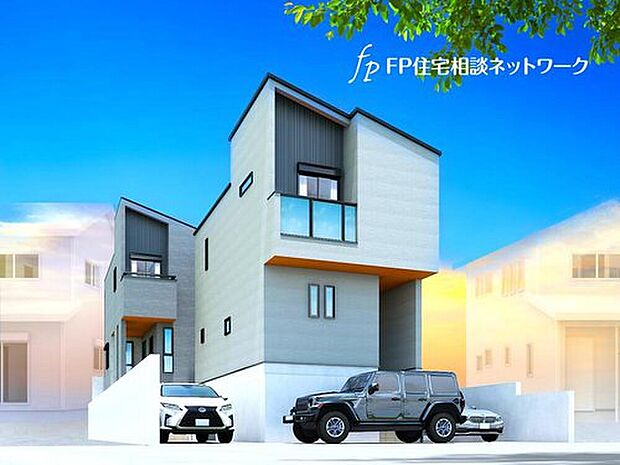 片流れ屋根がモダンな外観。グレーの外壁はクールで落ち着いた印象。汚れが目立ちにくいのも魅力です。