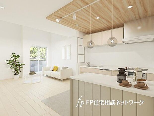 ＜2号棟＞内観パース：キッチンカウンターに大型パントリー収納付きでいつでもキレイなキッチンに。出来上がったお料理をカウンターに並べてお子様が運ぶなど、お手伝いの機会も増えそうですね！
