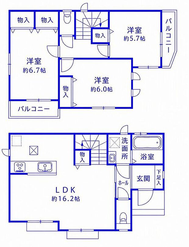 【間取り】南向きの3LDK。2面バルコニーでたっぷりの光と風を取り込める住まいです。耐震等級3取得の長期優良認定住宅。