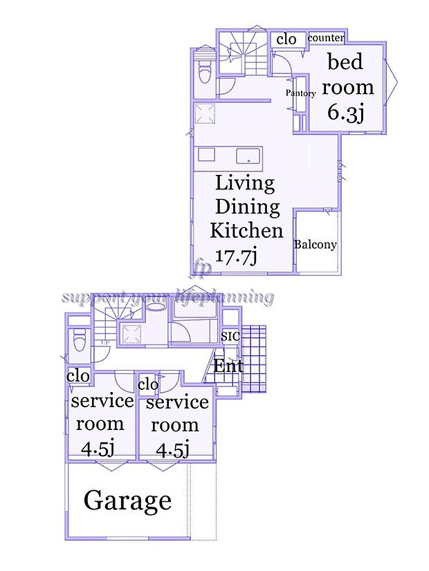 【1LDK+2S】車庫面積14.28ｍ2含む　2階リビング　パントリー付キッチン　勾配天井　備付けカウンター付寝室