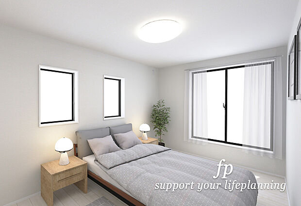 【 完成予想図～2面採光の寝室】光を取り込みやすい2面採光の居室は日当たり良好です。クローゼットの完備で収納スペースも十分。初めてのお子様にとっての「自分の部屋」。学習デスクやベッドの配置もラクラクです。