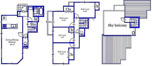 【4LDK】ルーフバルコニー　廊下収納　冷暖房効率の良い玄関階段　6帖以上居室3室　敷地の一部に地上権有