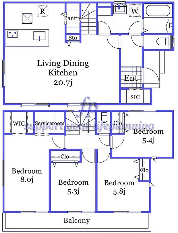 【4LDK】3部屋から出入り可能なバルコニー　シューズインクローク　パントリー付キッチン　リビング収納　洗面室収納　ウォークインクローゼット　カウンター備付け書斎