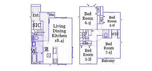 【4LDK】南面バルコニー　シューズインクローク　冷暖房効率の良い玄関階段　水回り集中し家事動線良好　ウォークインクローゼット　玄関近くの廊下収納