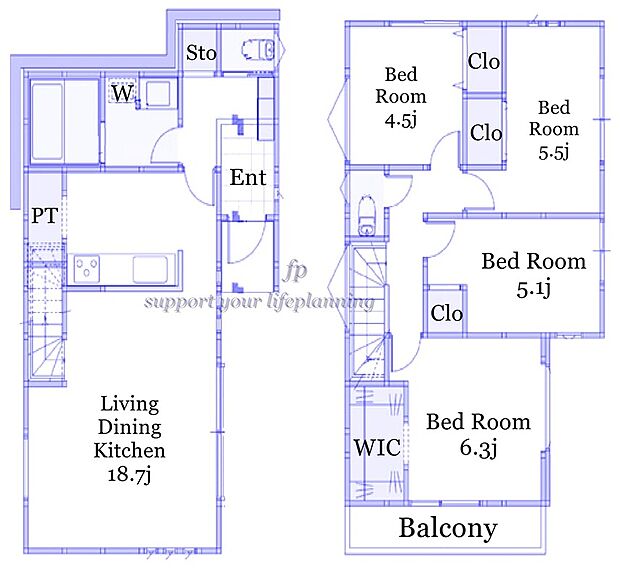 【4LDK】パントリー付キッチン　水回り集中し家事動線良好　ウォークインクローゼット
