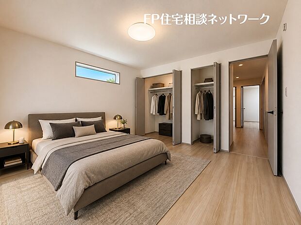 【主寝室に適した8帖の洋室】やわらかな陽光に包まれる、ゆとりある主寝室。心地よい開放感と穏やかな空気が、一日の終わりを上質な寛ぎの時間へと導きます。※CGで家具を作成しております。また、販売価格に家具等は含まれません。