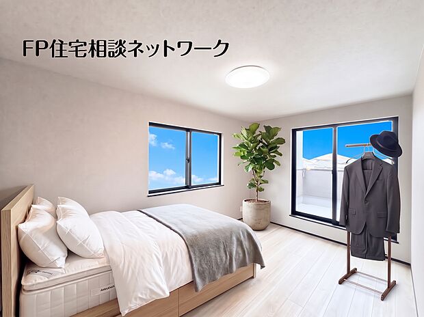 【2面採光、明るく開放的な寝室】2面採光で自然光たっぷり！木目調の床が落ち着く、明るく開放的な寝室です。本画像はAIがCGで家具や小物を作成しております。また、販売価格には含まれておりません。