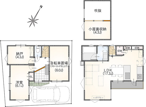 【参考プラン】
・1SLDK&自転車置き場&駐車場
・建物面積 71.95m2
・建物価格 1800万円
・総額 5480万円(税込)
・駐輪場スペースは、フローリング・クロスにて仕上げております