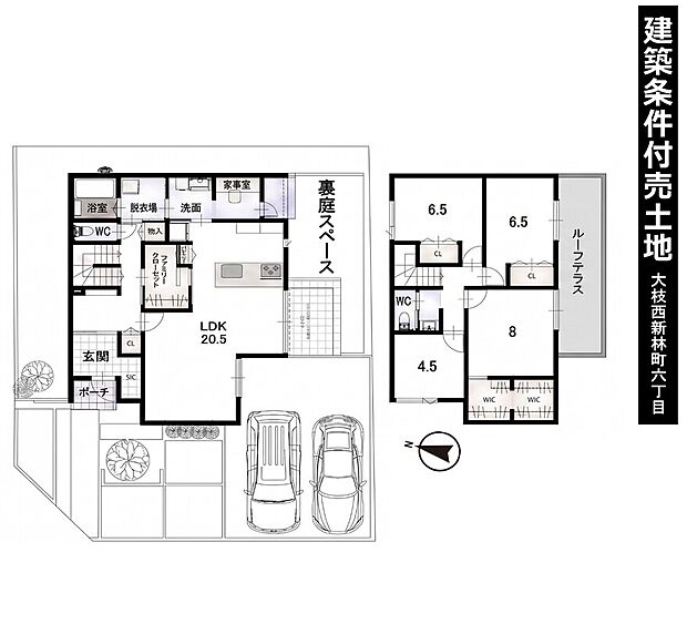 建築プラン例　　※間取り図・パース・写真中に車や家具を掲載の場合は、配置例を示したもので実際に設置されているわけではありません。特にコメントがない場合は家具や車などは販売価格に含まれません。