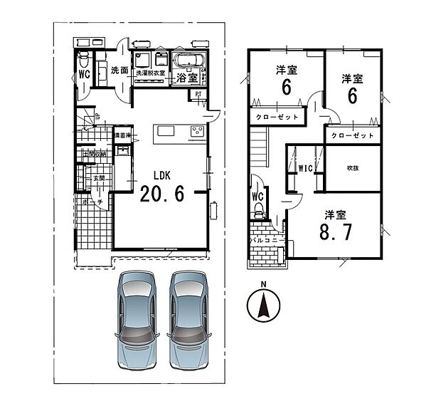 【プラン例 間取り図】建物参考プラン例(建物価格3224万円、建物面積113.44m2) ※間取り図・パース・写真中に車や家具を掲載の場合は配置例を示したもので実際に設置されているわけではありません。特にコメントがない場合は家具や車などは販売価格に含まれません。